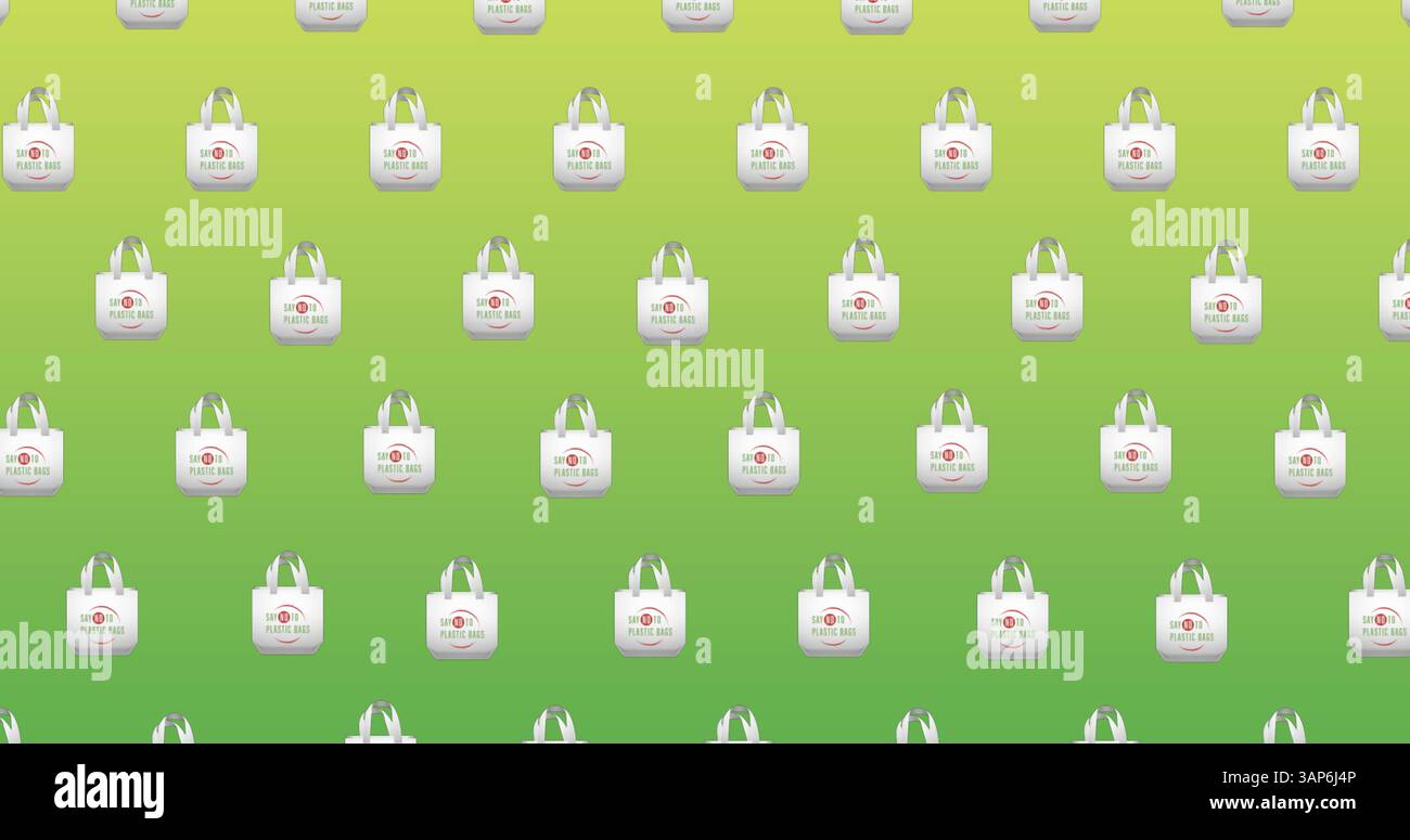 Immagine dei sacchetti riutilizzabili su sfondo verde Foto Stock