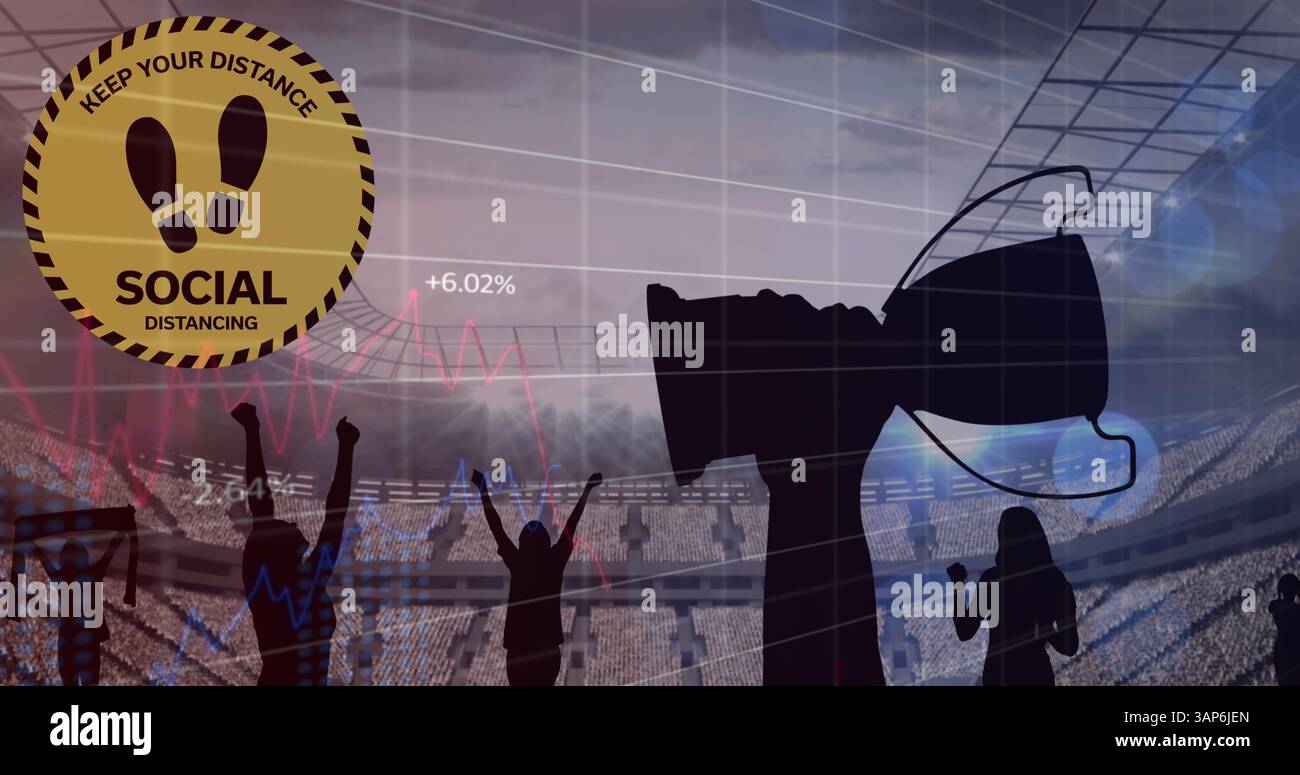 Immagine del testo di distanziamento sociale con dati sui grafici sui trofei e sui tifosi dello stadio Foto Stock