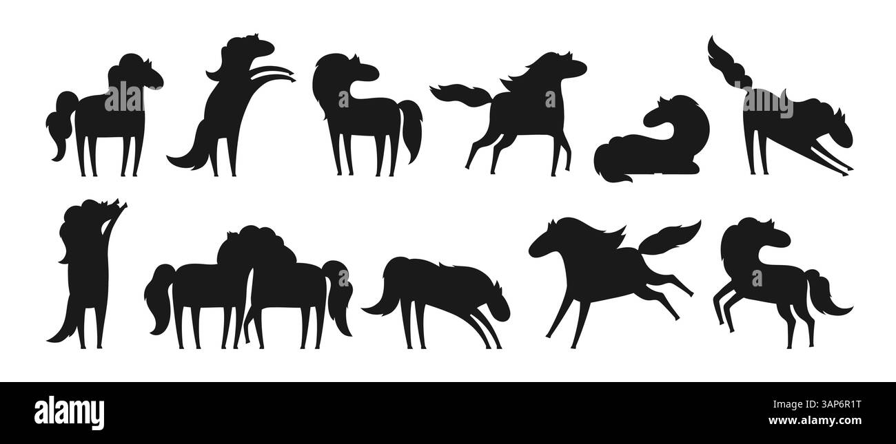 Cavalli in pose diverse set di sagome dei cartoni animati. Crea una collezione stilizzata di simpatico pony infantile o mustang. Stallone selvatico di razza comica. Illustrazione vettoriale isolata personaggio fattoria animali arte Illustrazione Vettoriale