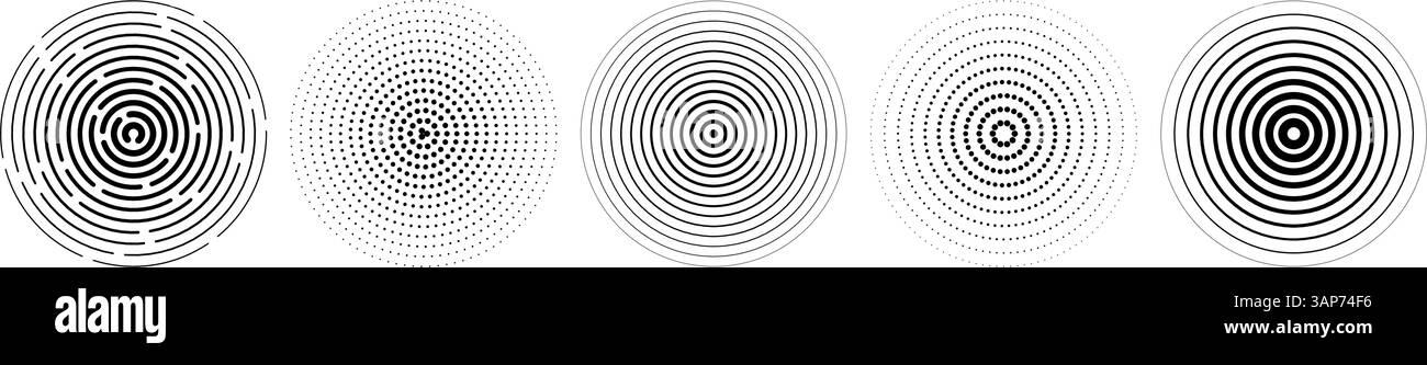 Gruppo di cerchi concentrici neri. Raccolta di anelli ondulati e tratteggiati. Informazioni su epicentro, target, radar, icona sonar. Segnale radio radiale o elementi di vibrazione. Simbolo dei mezzitoni lineari. Vettore Illustrazione Vettoriale