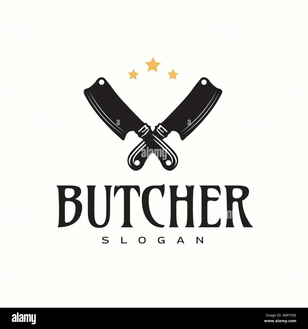 Coltello da carne vintage con logo tre stelle dorate per coltello, Meat Shop Illustrazione Vettoriale
