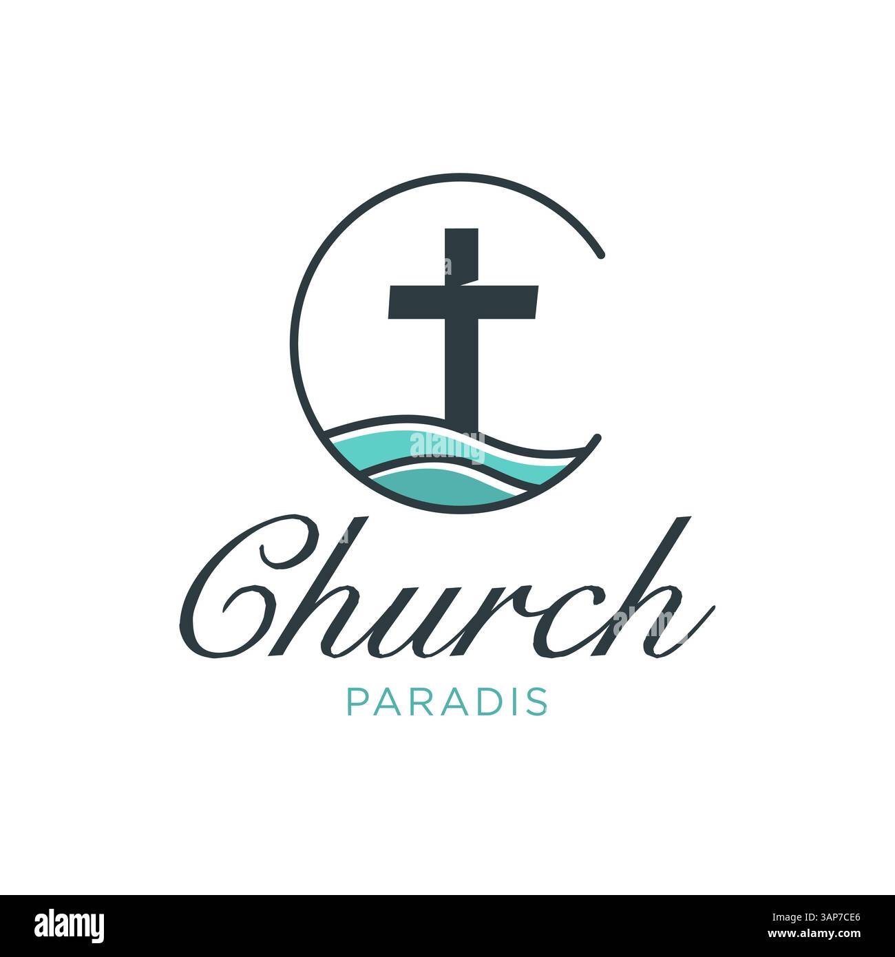 Cross with Ocean Waves per l'illustrazione vettoriale del logo religioso Illustrazione Vettoriale