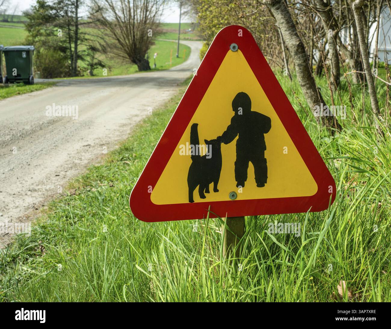 Cartello stradale, avviso di bambini con gatto sulla strada a Snarestad, municipalità di Ystad, contea di Skane, Svezia, Scandinavia, Europa Foto Stock