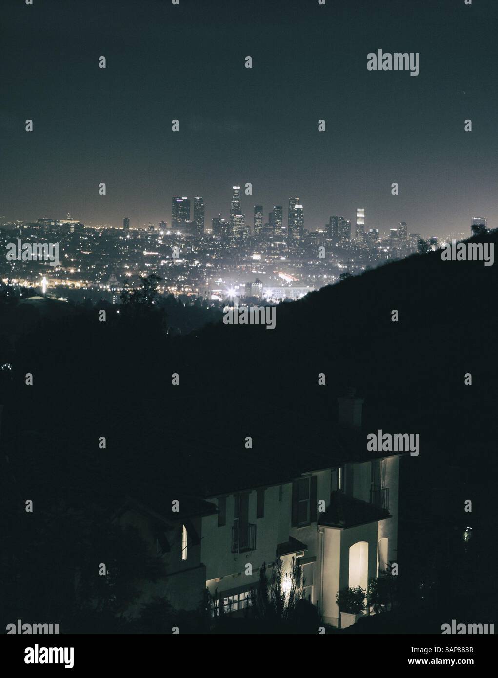 Skyline di Los Angeles di notte, USA, Nord America Foto Stock
