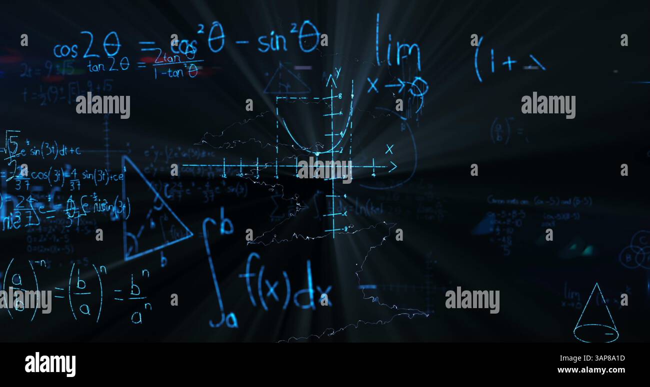 Immagine di un fulmine sopra le equazioni matematiche sulla lavagna Foto Stock