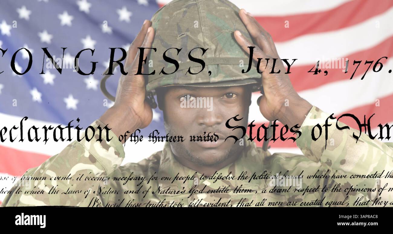 Immagine di un documento sulla bandiera degli stati uniti e del soldato afroamericano Foto Stock