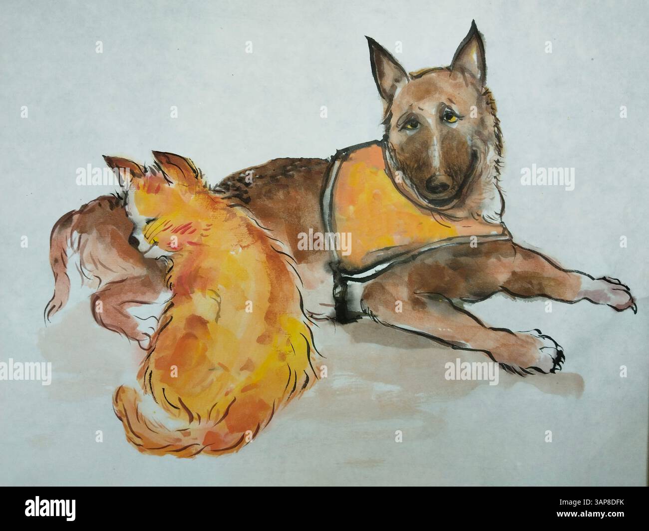 Il gattino carino e il cane K9, pastore tedesco marrone, rimangono Uniti su sfondo di carta di riso Foto Stock