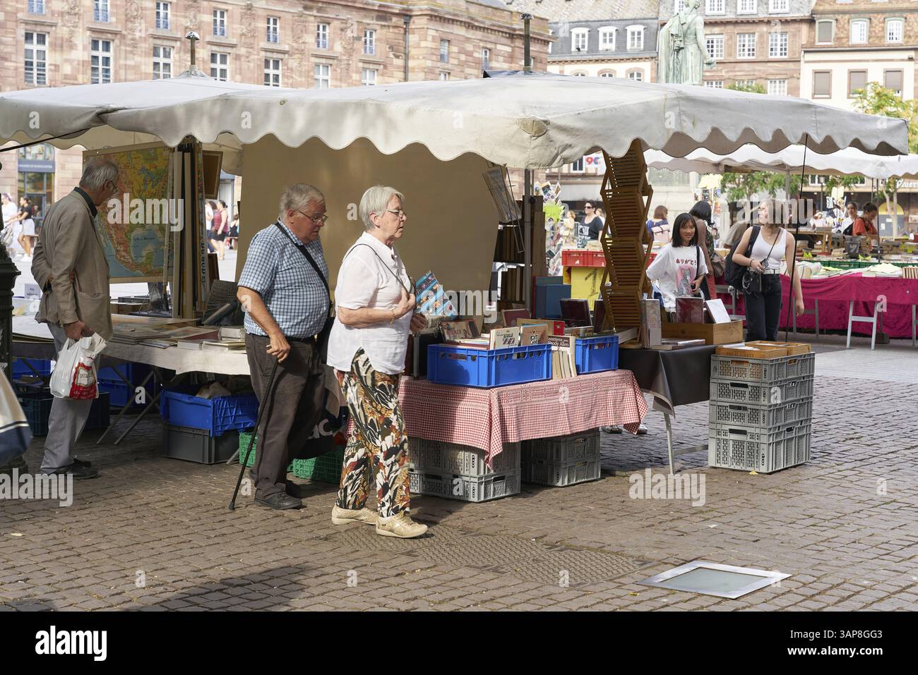 Mercato delle pulci con visitatori in una piazza del mercato nel centro storico di Strasburgo Foto Stock