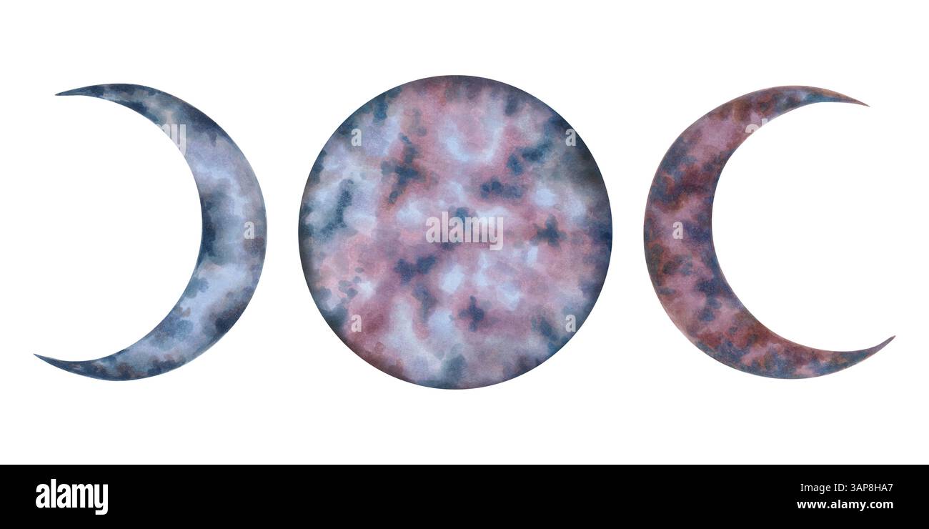 Fasi della luna tripla impostate. Illustrazione ad acquerello della luna piena e della luna crescente. Elementi del cielo isolati disegnati a mano arte. Elemento celeste spirituale per Foto Stock
