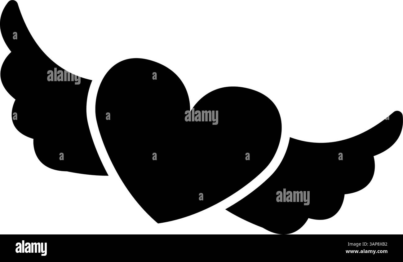 Semplice icona vettoriale nera a forma di cuore con ali, che simboleggia il volo o l'amore libero Illustrazione Vettoriale