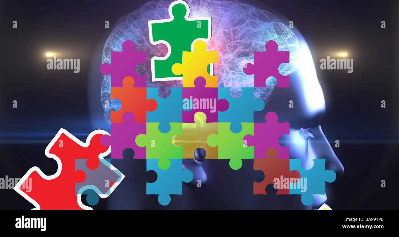 Immagine di pezzi colorati del puzzle sopra la testa umana Foto Stock