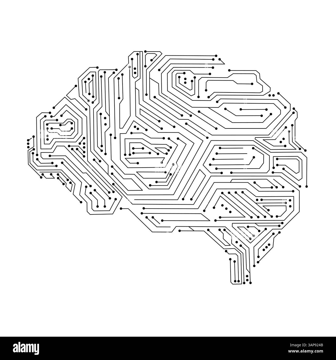 scheda elettronica del circuito cerebrale simbolo del flusso complesso del segnale digitale segnale neurale cyber cervello segnale nero e bianco isolato testa formata circuiteria Illustrazione Vettoriale