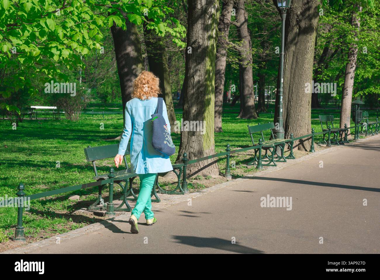 Donna che cammina da sola, veduta posteriore di una giovane donna che indossa un impermeabile blu che cammina attraverso Planty Park nel centro di Cracovia, in Polonia. Foto Stock