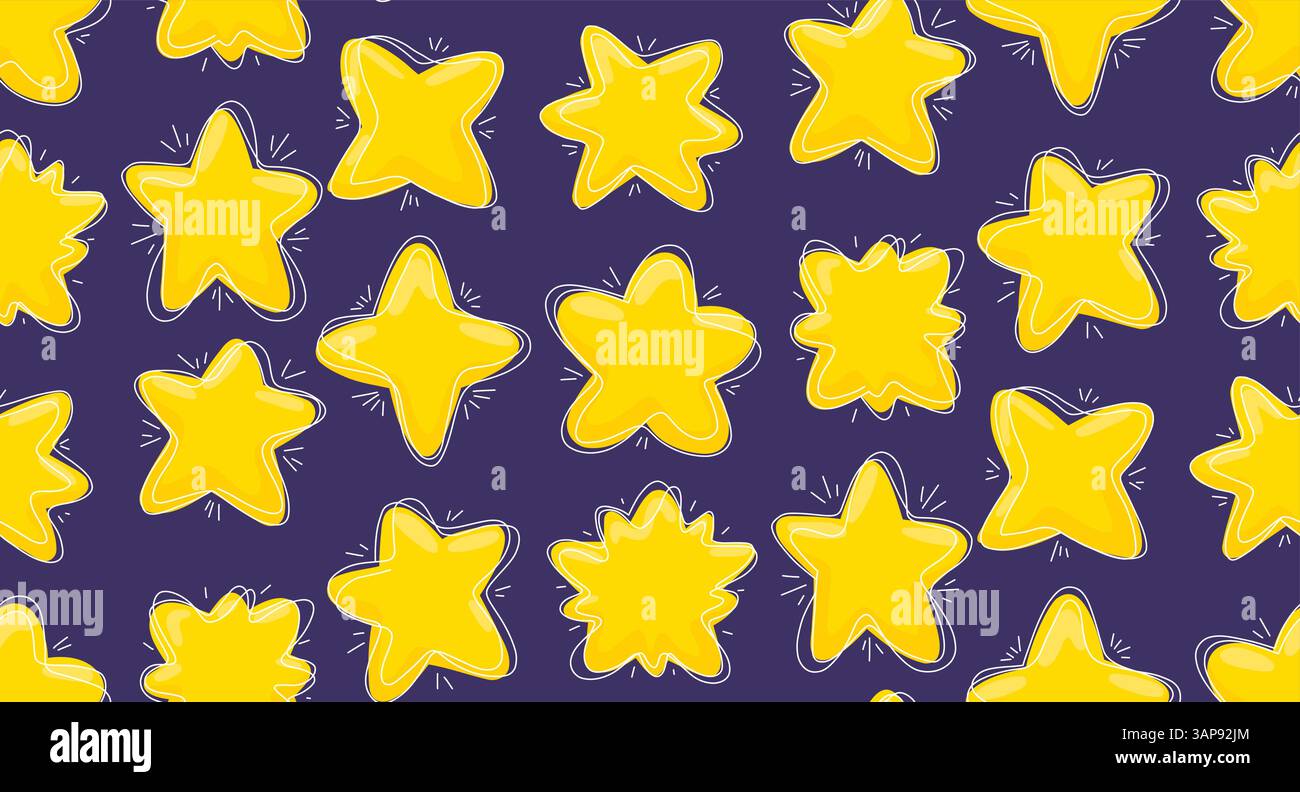 Pattern vettoriale senza cuciture con varie stelle dei cartoni animati con tratti di scarabocchio. Notte stellata. Texture magica con stelle gialle ingenue su sfondo viola Illustrazione Vettoriale