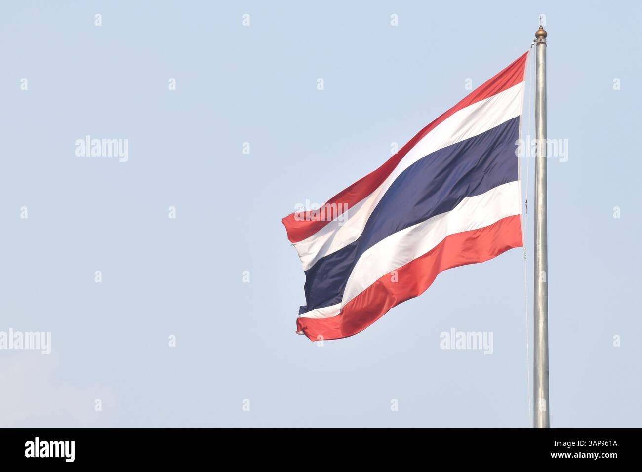 Colori degli alberi bandiera nazionale Thailandia rosso significa nazione con bianco significa religione e blu significa maestosità re che scorre dal vento su palo sullo sfondo del cielo Foto Stock