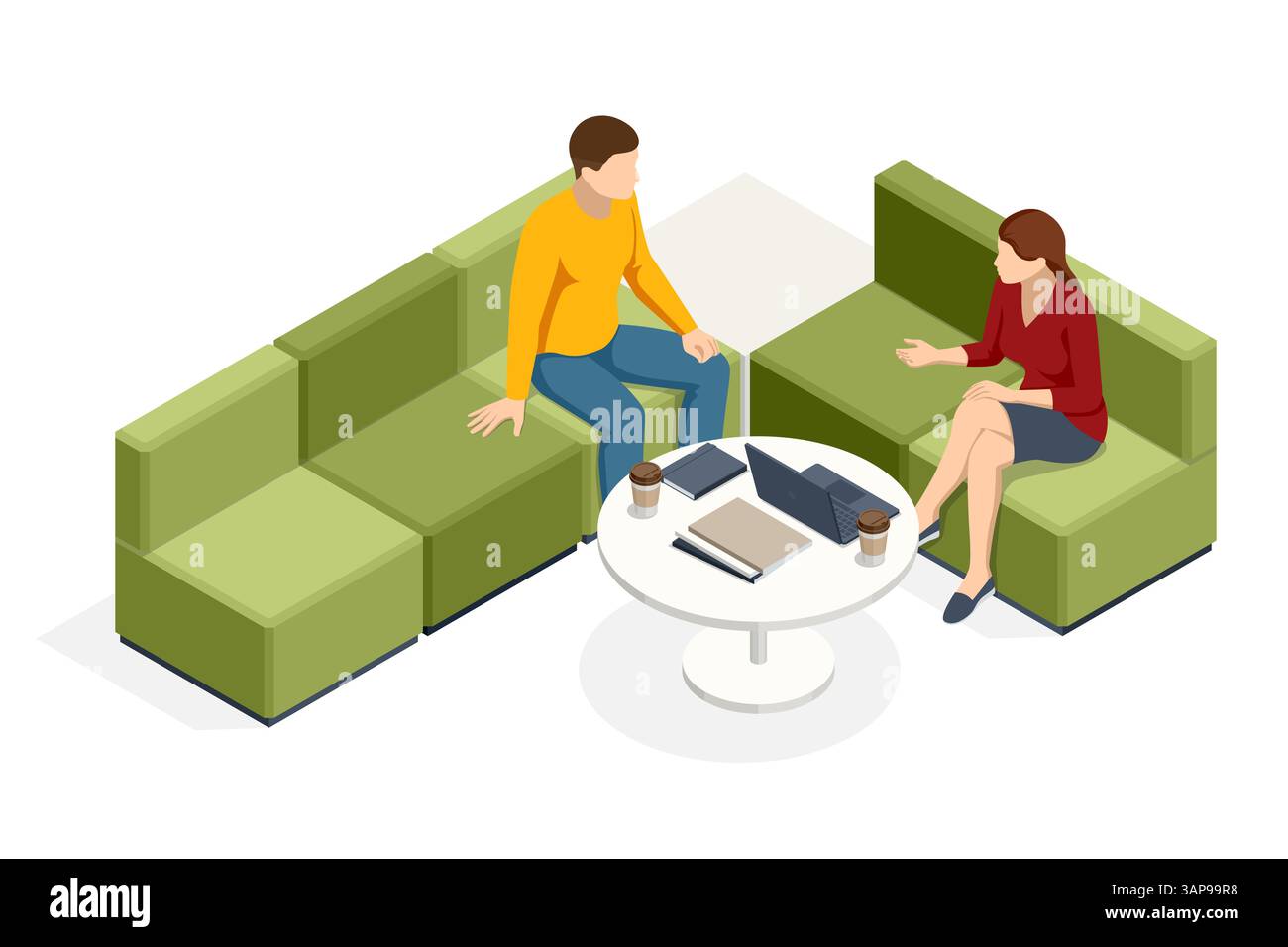 Illustrazione vettoriale isometrica che mostra due professionisti che discutono di affari su sedie verdi intorno a un tavolino da caffè in un moderno spazio di coworking Illustrazione Vettoriale