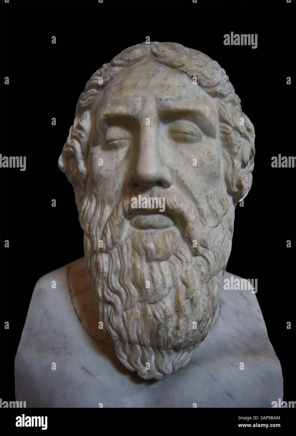 Busto ritratto romano di Omero, celebre filosofo greco cieco raffigurato con un panno contorto "cervino" intorno alla sua testa, indossato dai poeti greci. alla fine degli anni '1 Foto Stock