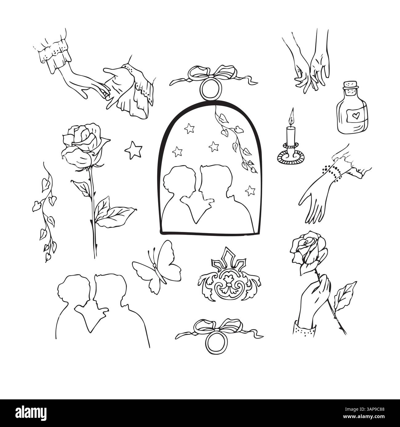 Set vettoriale in bianco e nero, amore, ispirato a Romeo e Giulietta, San Valentino, scarabocchio, disegnato a mano. Illustrazione Vettoriale