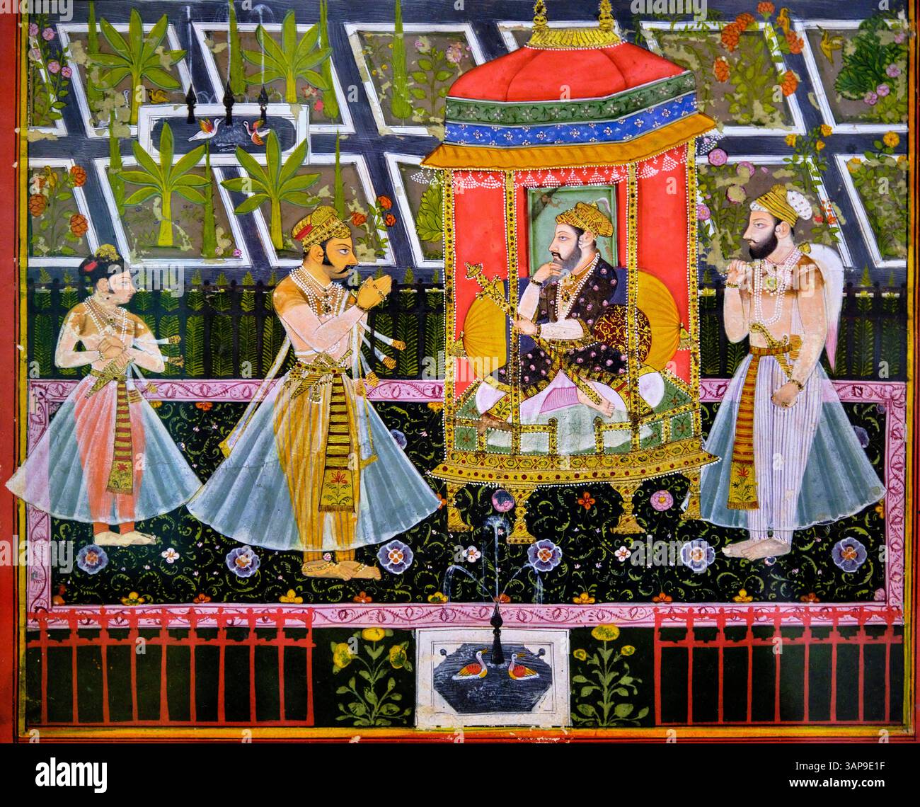 India, Delhi, nuova Delhi, Museo Nazionale, Bhao Singh che riceve la spada d'onore dal Principe Muazzam, figlio dell'Imperatore Moghul Aurangzeb, Bundi, Foto Stock