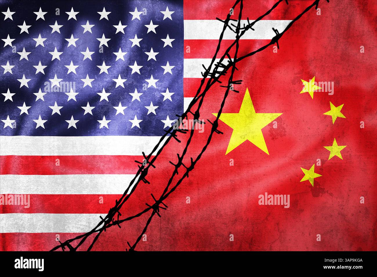 Bandiere grunge di USA e Cina divise per illustrazione a filo metallico, concetto di relazioni tese tra USA e Cina sulle guerre tariffarie Foto Stock