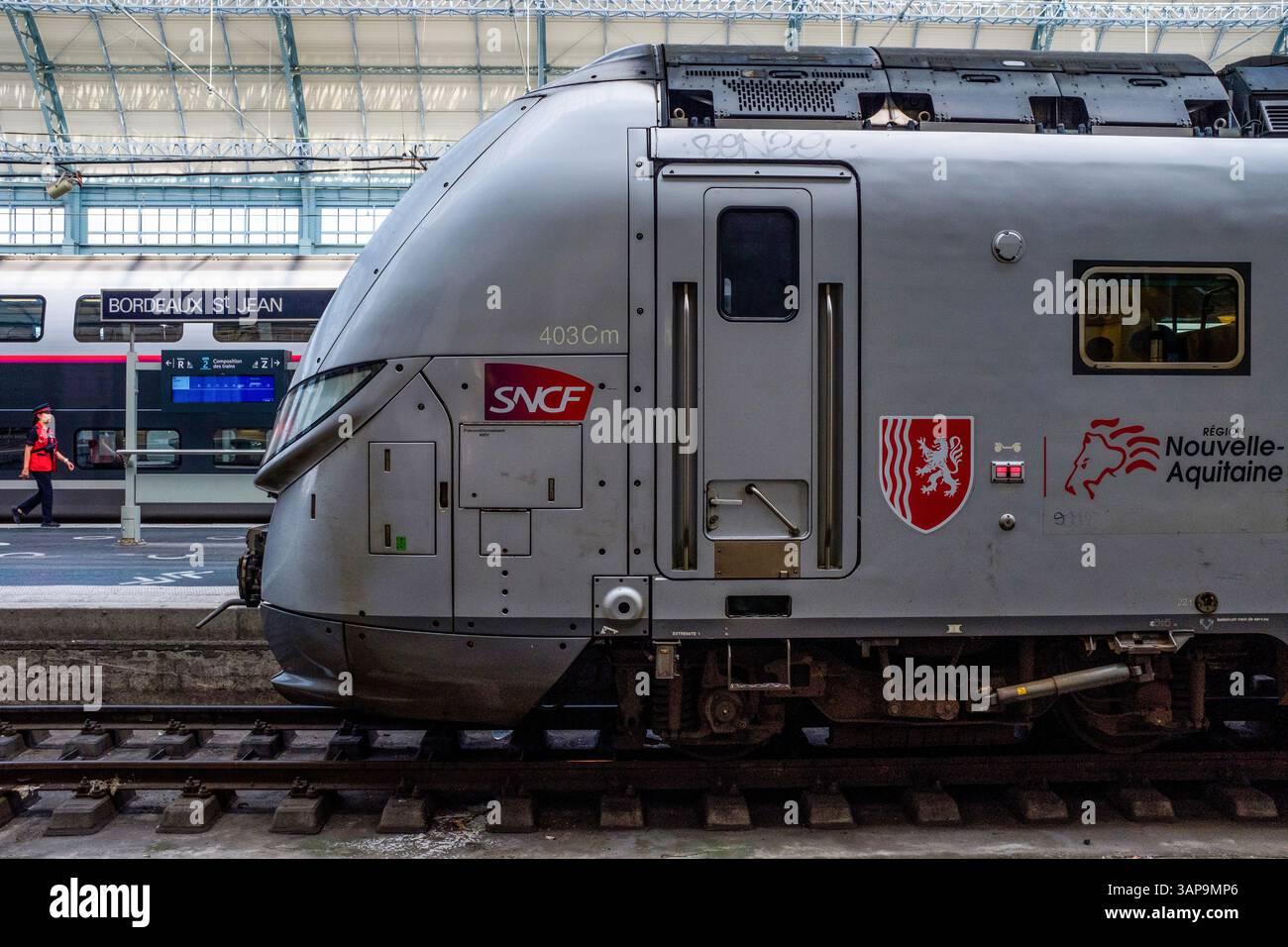 Bordeaux (Francia sud-occidentale): Treno locale "Express Régional" (ter) alla stazione di Bordeaux Saint-Jean e ispettore dei biglietti sul binario Foto Stock