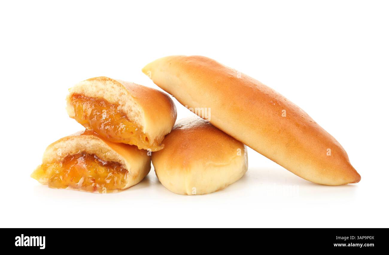 Gustose polpettine al forno con marmellata d'arancia isolata su bianco Foto Stock