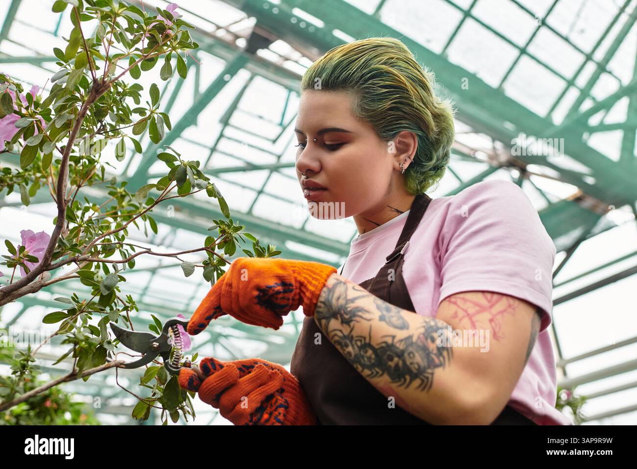 Potando con cura i fiori, la giovane donna ama dedicarsi alla cura delle piante della serra. Foto Stock