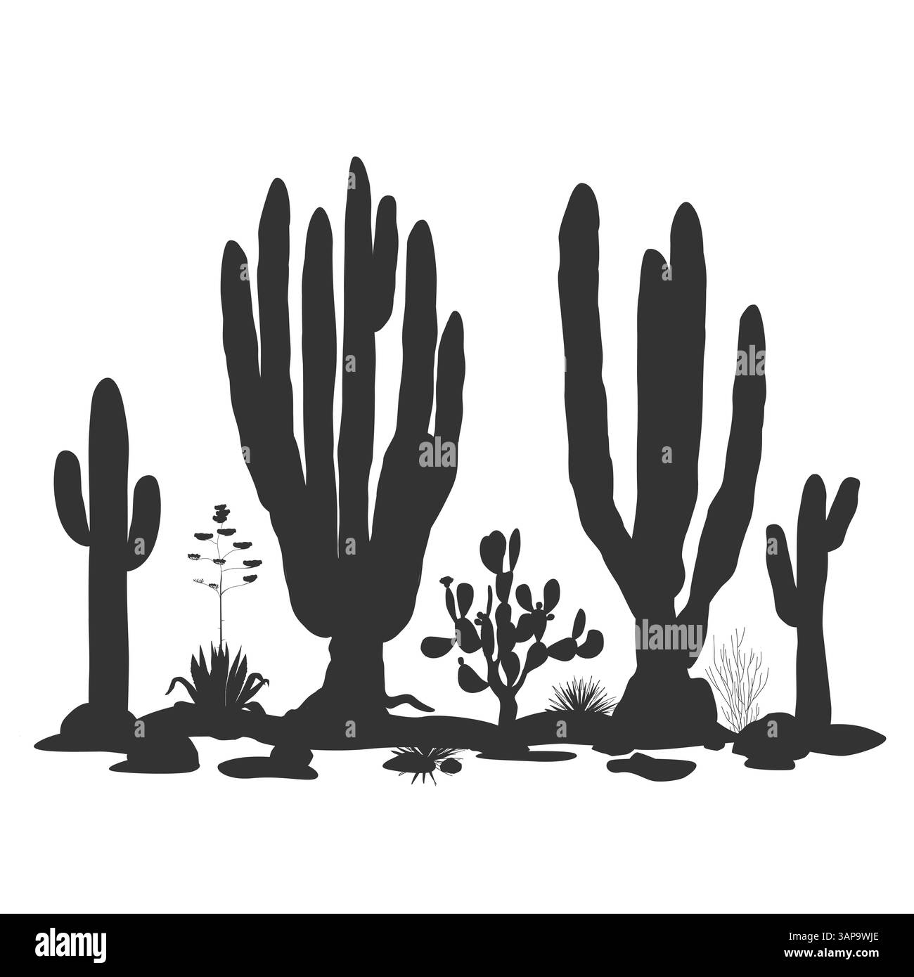 Sagome di cactus nero deserto illustrazione isolata. Paesaggio del selvaggio West americano. Illustrazione vettoriale Illustrazione Vettoriale
