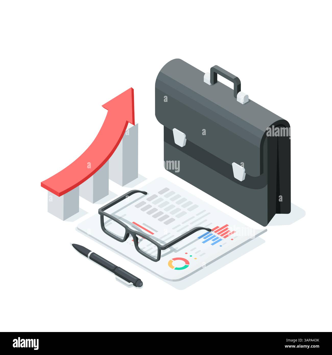 portafoglio vettoriale isometrico e grafico con statistiche stampate su un foglio di carta e bicchieri, a colori su sfondo bianco, analisi aziendali e Illustrazione Vettoriale