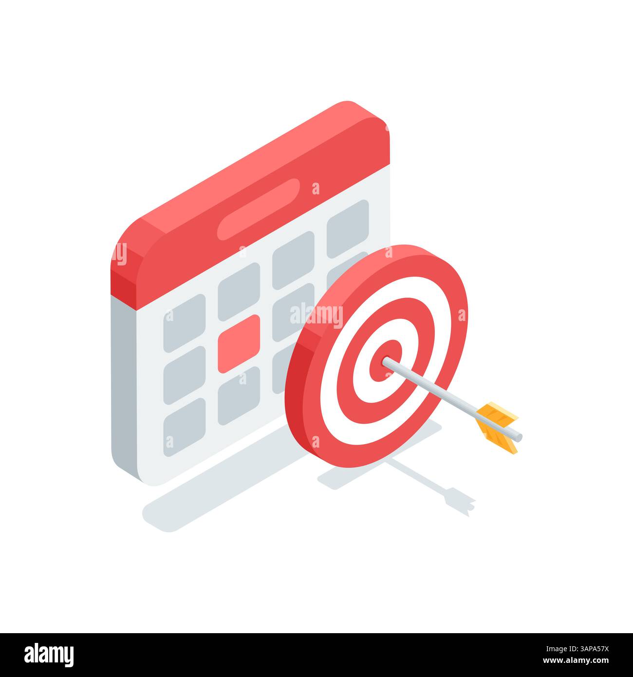 calendario vettoriale isometrico e destinazione con freccia, a colori su sfondo bianco, per garantire il successo aziendale Illustrazione Vettoriale