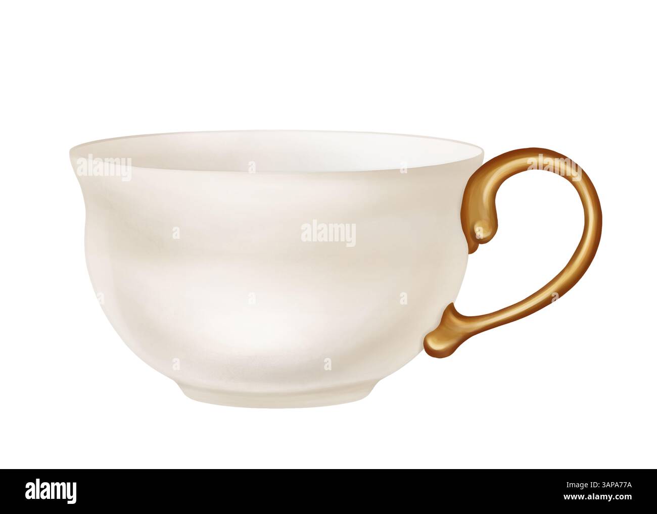Tazza in ceramica beige con decorazioni dorate per piattini e tea party. Una decorazione per studio classico e biblioteca in stile vintage, vecchio design antico. H Foto Stock
