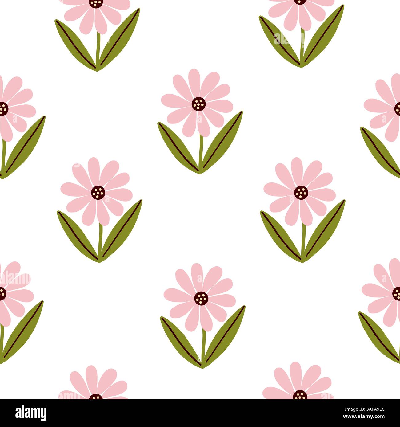 Motivo floreale minimale senza cuciture con fiori rosa disegnati a mano in stile piatto su uno sfondo bianco pulito, perfetto per tessuti o carta da parati Vector Illust Illustrazione Vettoriale