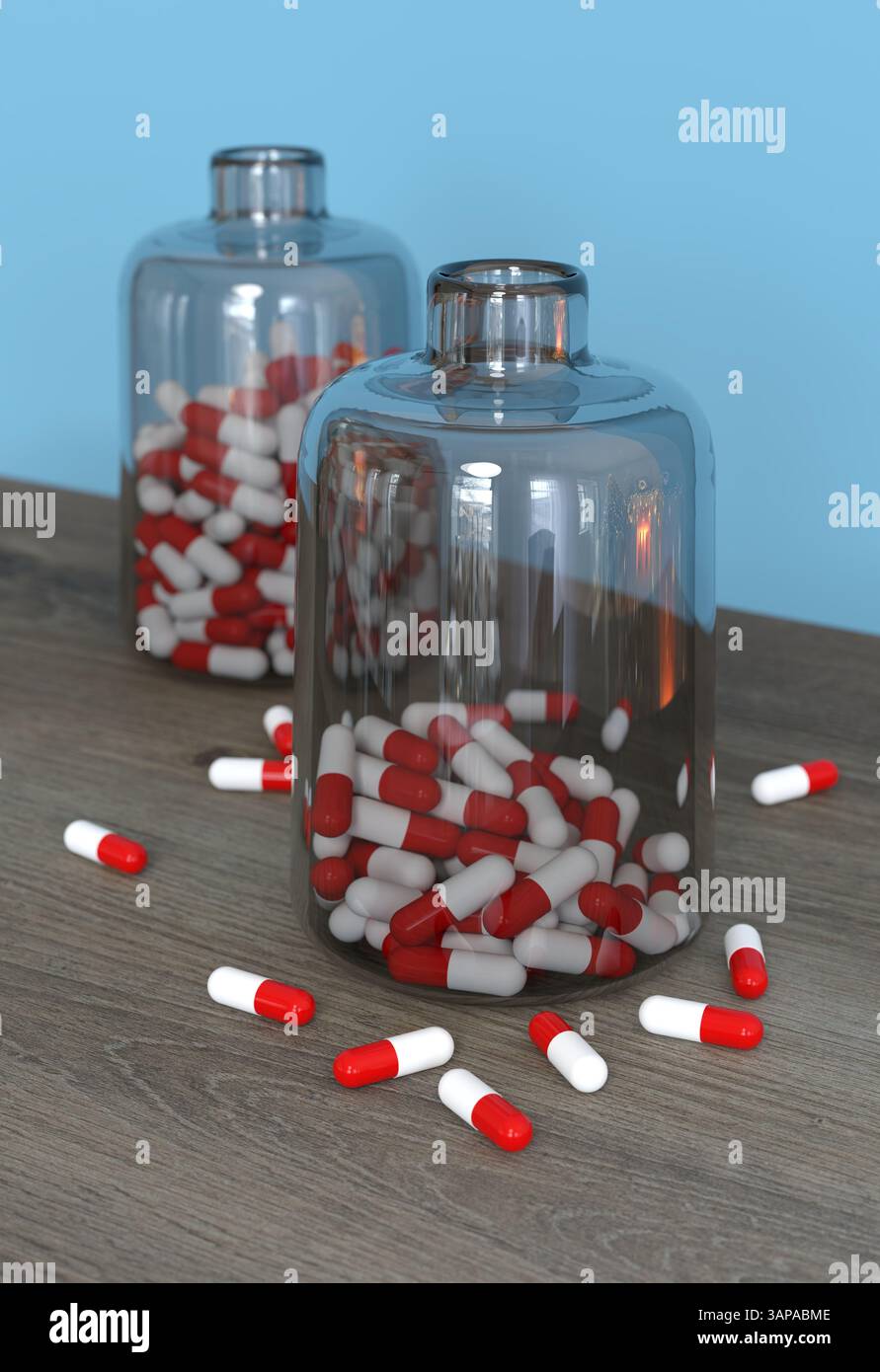 Vasetti di vetro contenenti capsule rosse e bianche - uso eccessivo di farmaci - rendering 3D. Foto Stock