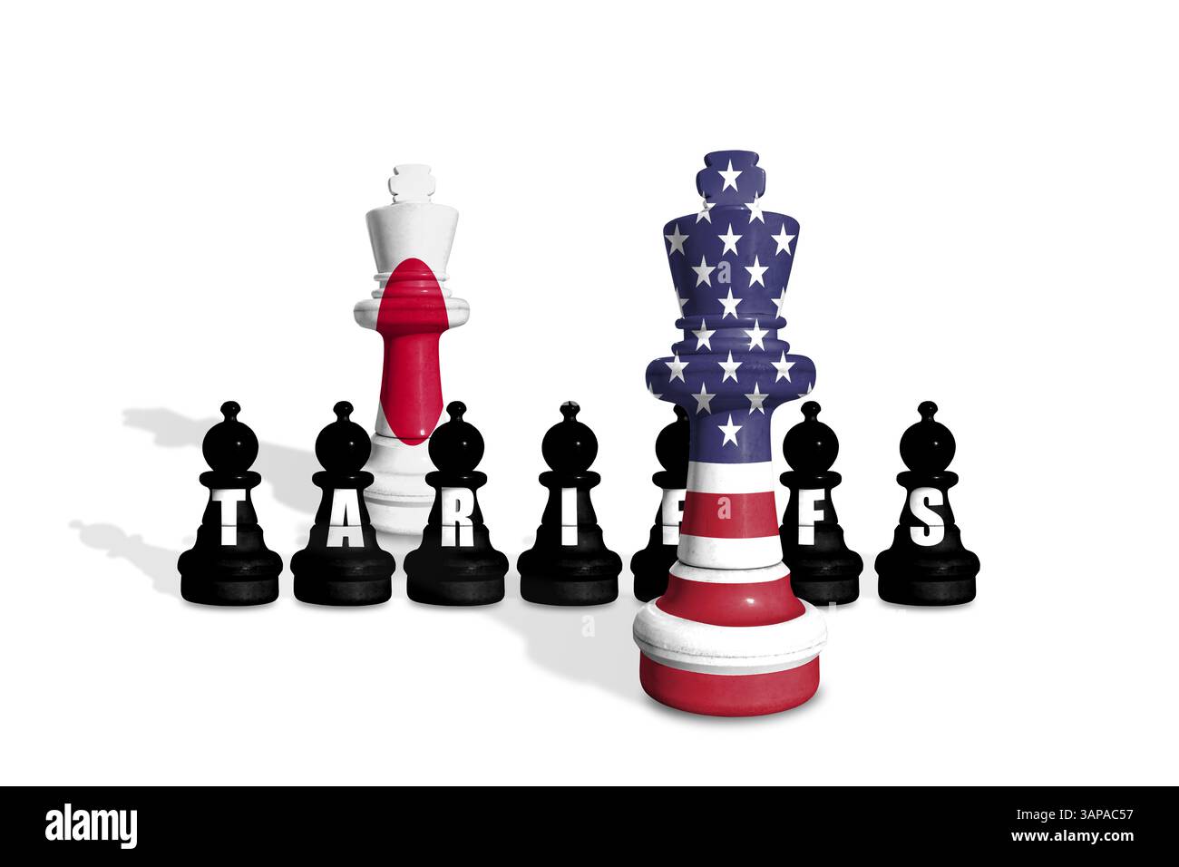 Scacchi fatti con bandiere USA e Giappone. Guerra commerciale, doganale, doganale e tariffaria TRA STATI UNITI e Giappone Foto Stock