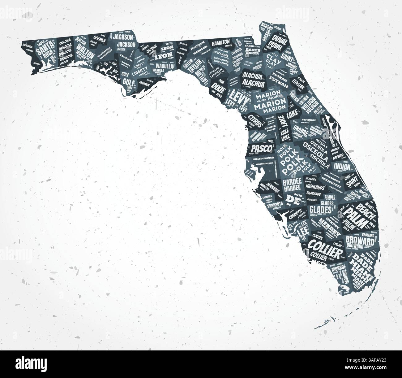 Le nuvole di parole delle contee della Florida. Indicare la forma su sfondo testurizzato. Design della Florida in stile tipografico. Elegante illustrazione vettoriale. Illustrazione Vettoriale