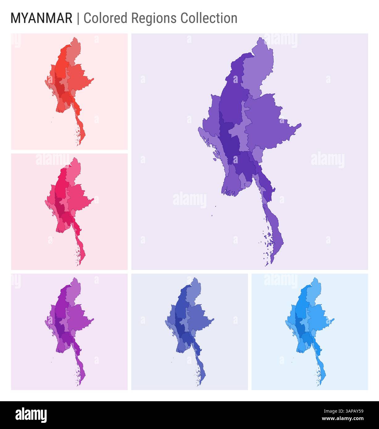 Collezione di mappe del Myanmar. Forma del paese con regioni colorate. Viola intenso, rosso, rosa, viola, indaco, tavolozze di colore blu. Illustrazione Vettoriale