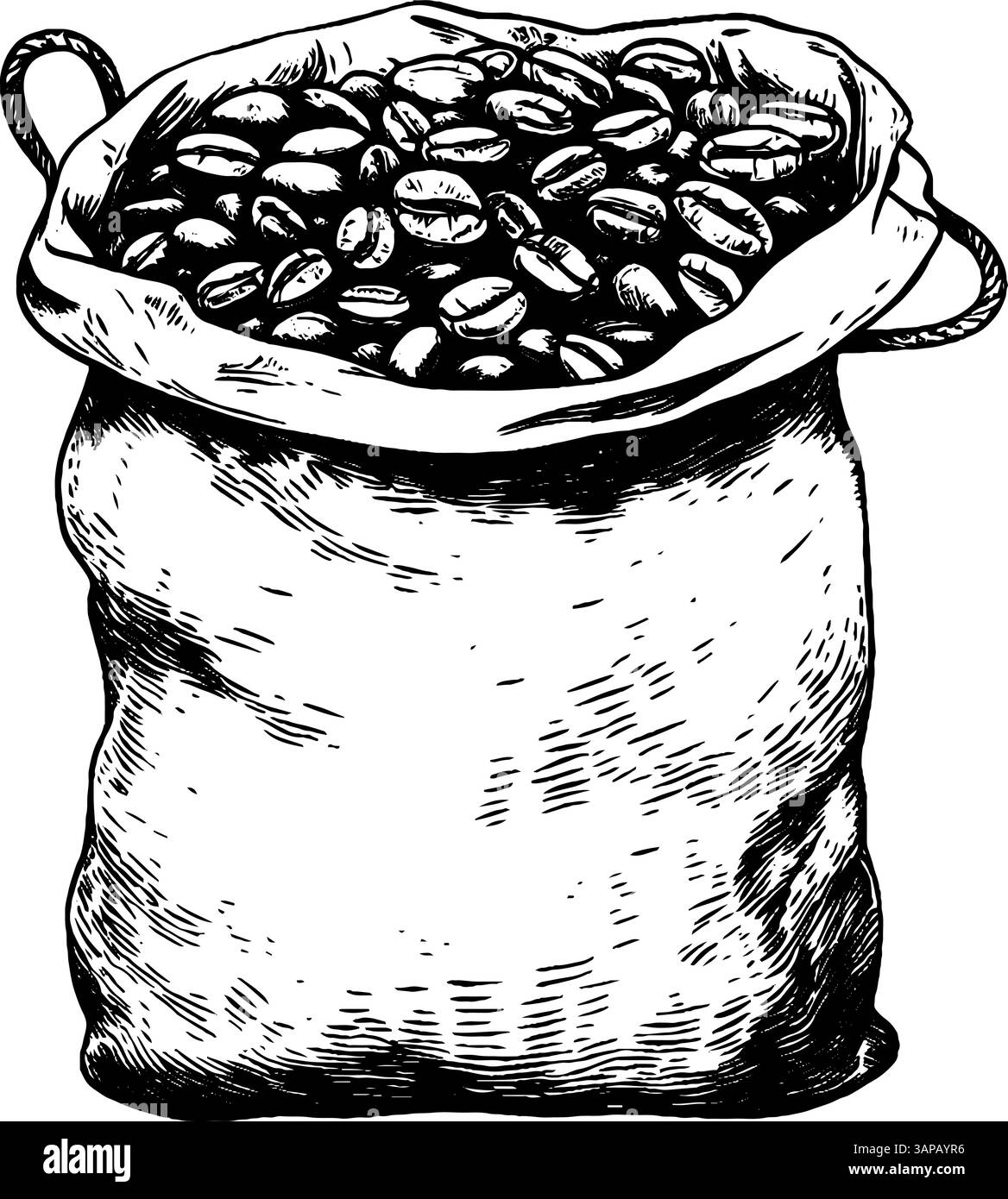 Questa lavorazione vintage in legno presenta una borsa riempita con chicchi di caffè, che sottolinea la consistenza del tessuto e la forma della borsa. L'illustrazione evidenzia l'essenza della preparazione del caffè Illustrazione Vettoriale