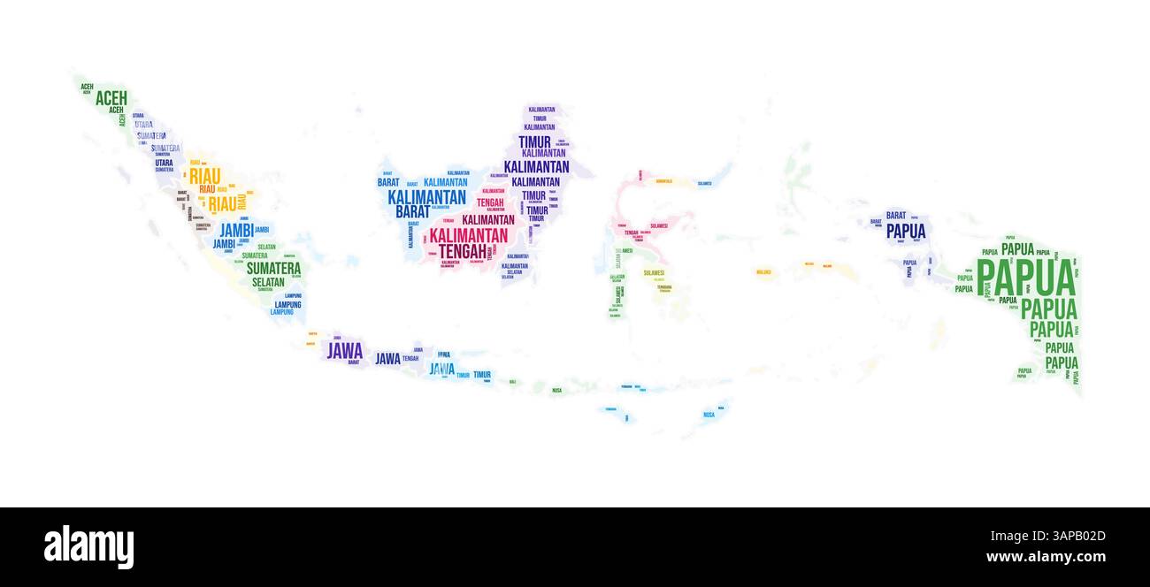 Nuvola di parole della regione Indonesia. Design a forma di paese. Illustrazione colorata per l'Indonesia. Fumetto collage nomi regione. Illustrazione vettoriale. Illustrazione Vettoriale