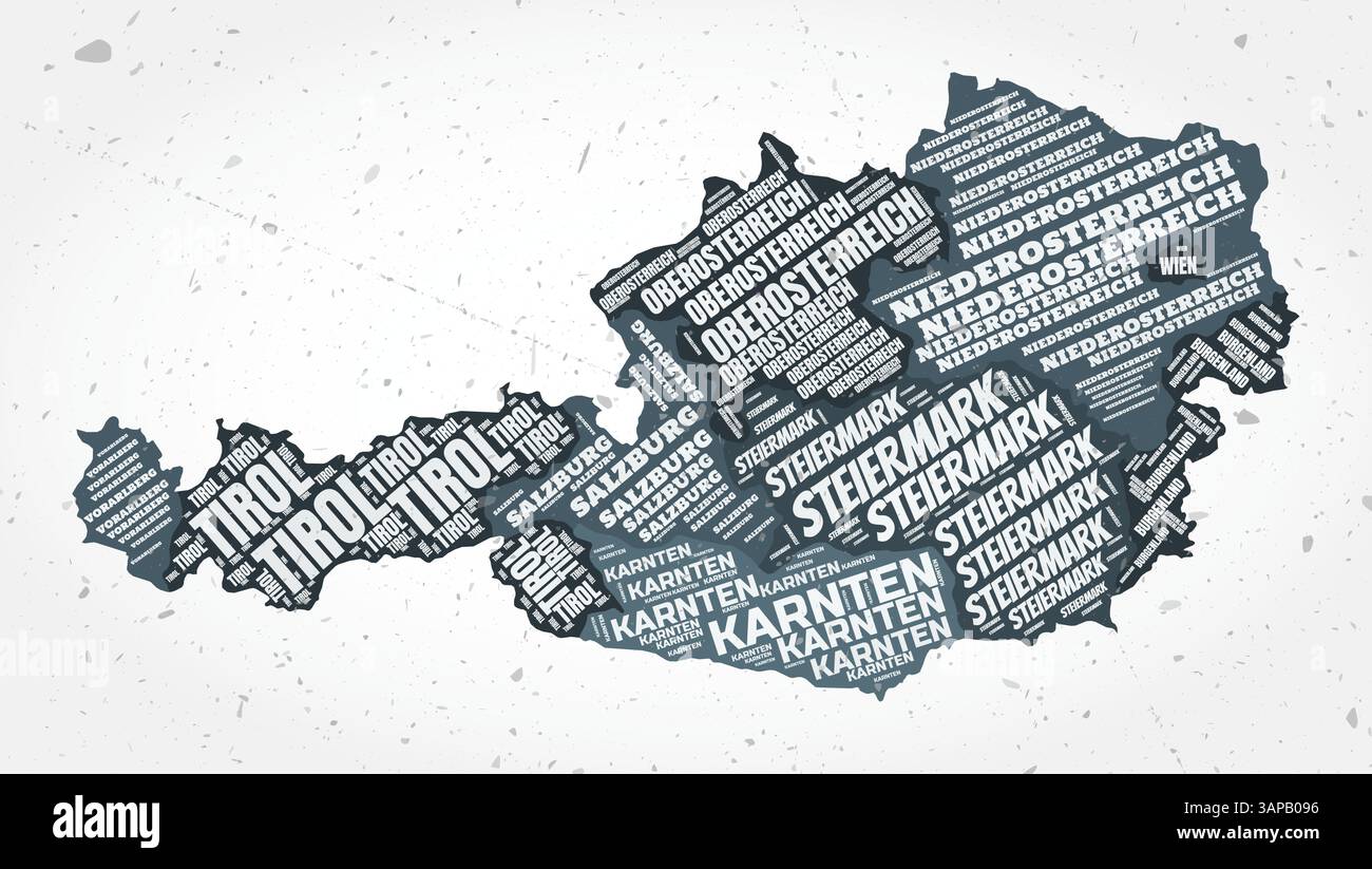 Nuvole di parole delle regioni austriache. Forma del paese su sfondo testurizzato. Design austriaco in stile tipografico. Illustrazione vettoriale di classe. Illustrazione Vettoriale
