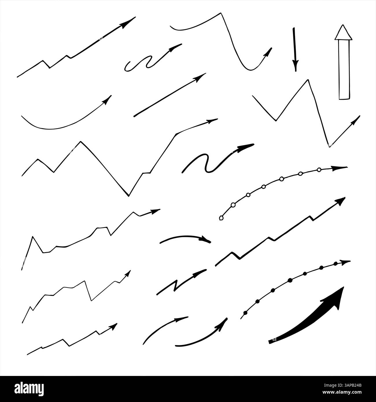 Simbolo delle frecce vettoriali doodle su forme diverse e illustrazione grafica dello schizzo di variazione. Semplice line art della curva, per progetti aziendali Illustrazione Vettoriale