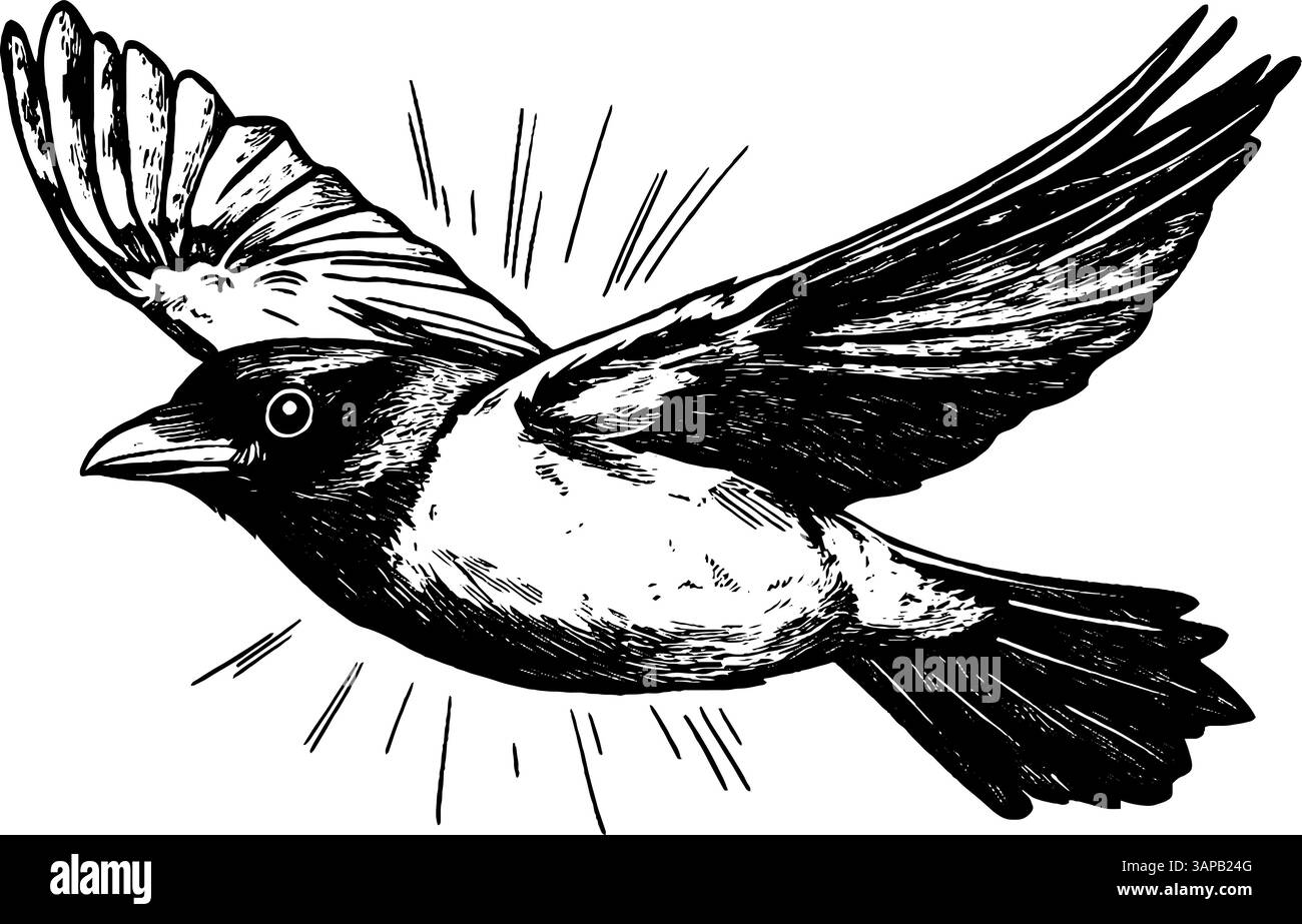 Un corvo mostra un movimento dinamico mentre sbatte le ali, bilanciando un manubrio con precisione Illustrazione Vettoriale