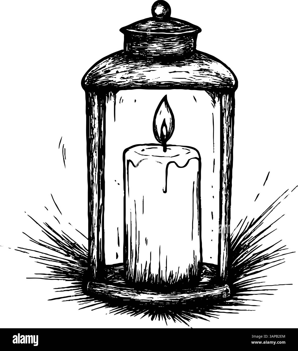 Un'illustrazione dettagliata a falegnameria raffigura una candela accesa in un supporto, che emette una calda luce soffusa su uno sfondo scuro Illustrazione Vettoriale