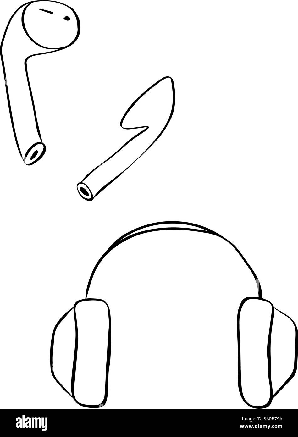 Sfondo bianco della cuffia. Illustrazione delle cuffie auricolari audio wireless. Illustrazione dell'inchiostro della linea grafica vettoriale delle cuffie. Consente di ascoltare il dispositivo elettronico audio. Illustrazione Vettoriale