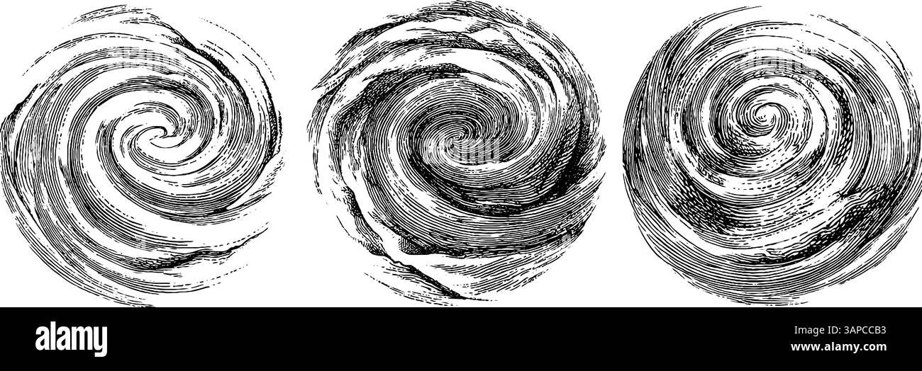 Set di illustrazioni incise che raffigurano vortice galassico e nebulose per un design creativo. Illustrazione Vettoriale