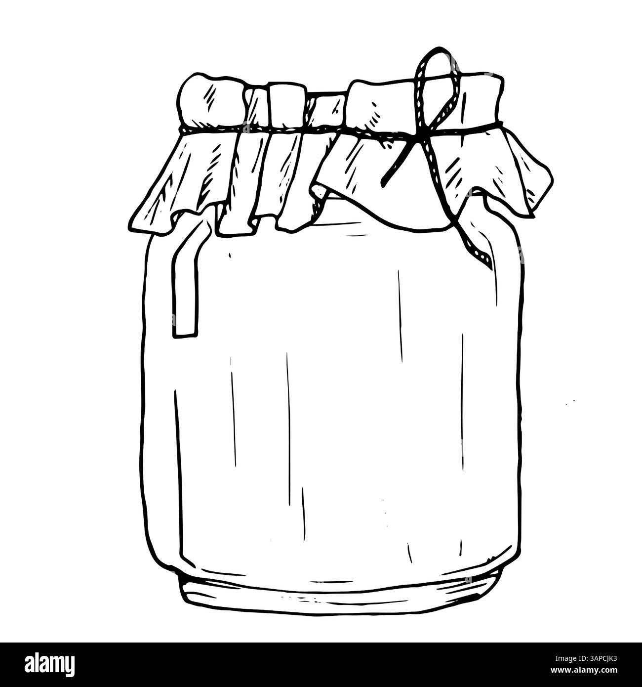 Un vaso di vetro legato con un tovagliolo e una corda di canapa. Illustrazione vettoriale in bianco e nero. Disegno di un contenitore di vetro, isolato su sfondo bianco. CER Illustrazione Vettoriale