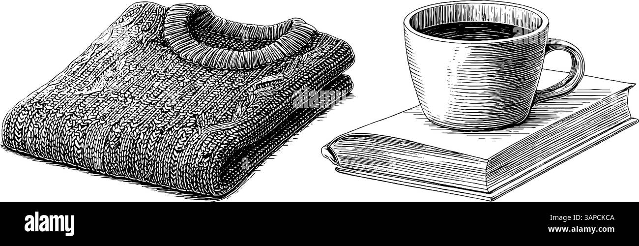 Intimi indispensabili invernali: Maglione lavorato a maglia e illustrazione di bevande calde incisa per i design stagionali. Illustrazione Vettoriale