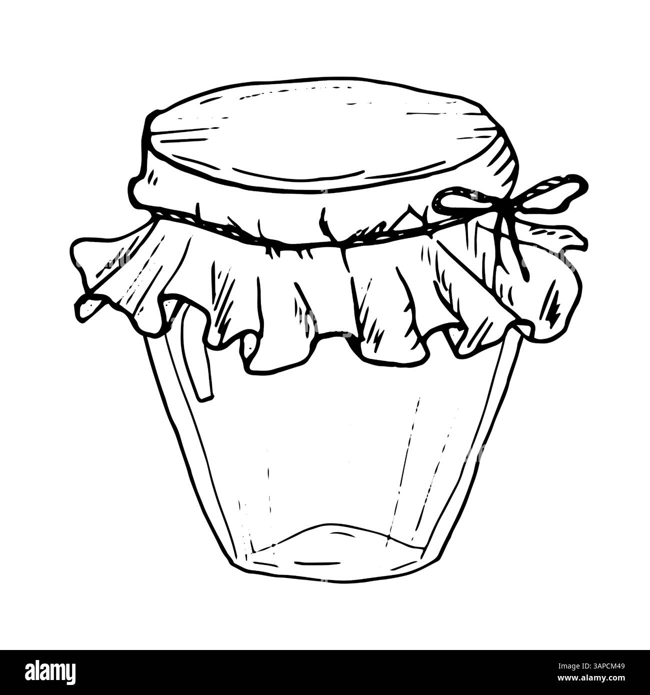 Un vaso di vetro legato con un tovagliolo e una corda di canapa. Illustrazione vettoriale in bianco e nero. Disegno di un contenitore di vetro, isolato su sfondo bianco. CER Illustrazione Vettoriale