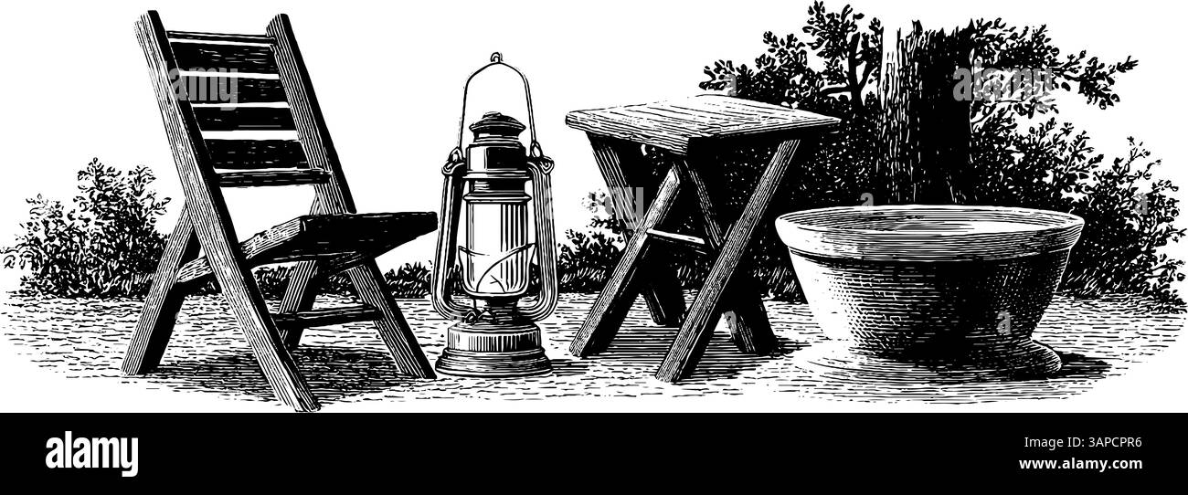 Elementi essenziali vintage per il campeggio all'aperto: lanterna, focolare e incisione su sedia in legno. Illustrazione Vettoriale