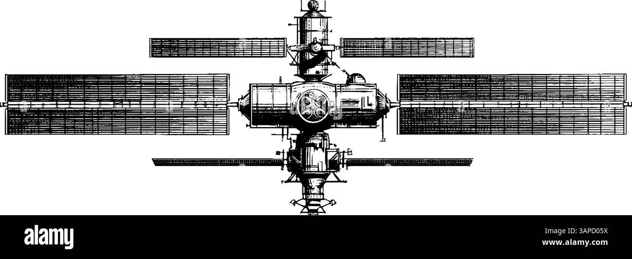 Intricata illustrazione incisa di una stazione spaziale con pannelli solari, ideale per la progettazione didattica. Illustrazione Vettoriale