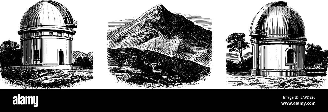 Illustrazioni architettoniche incise dell'osservatorio e del paesaggio montano. Illustrazione Vettoriale